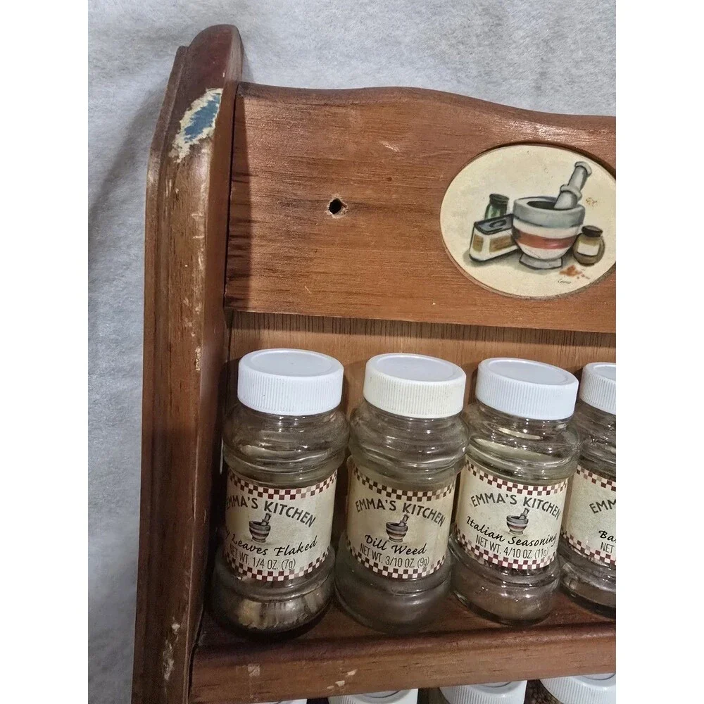 Vintage Emma's Kitchen Wooden Spice Rack 2 Tier Wall Mount 10 Glass Jars MCM